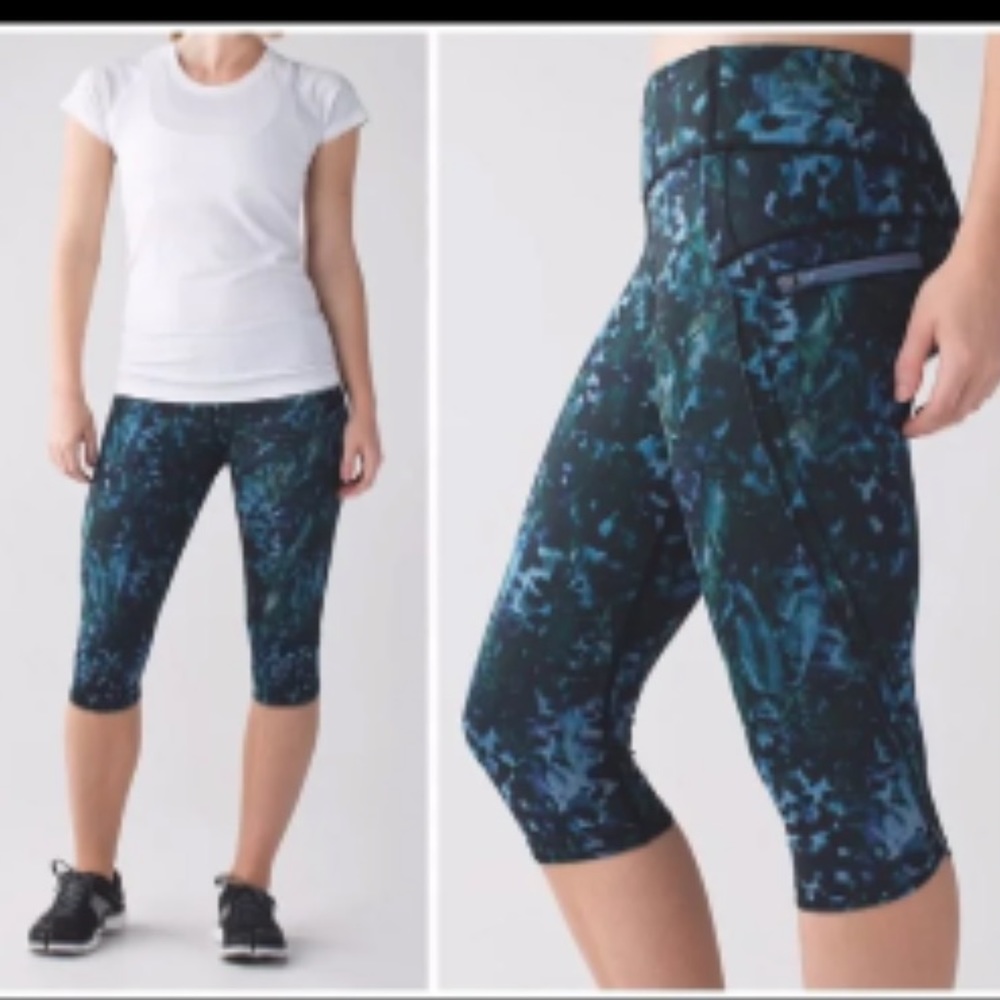 Lululemon Run Top Speed Crop Full ON Luxtreme Women 8 Floral Backdrop Blue Denim